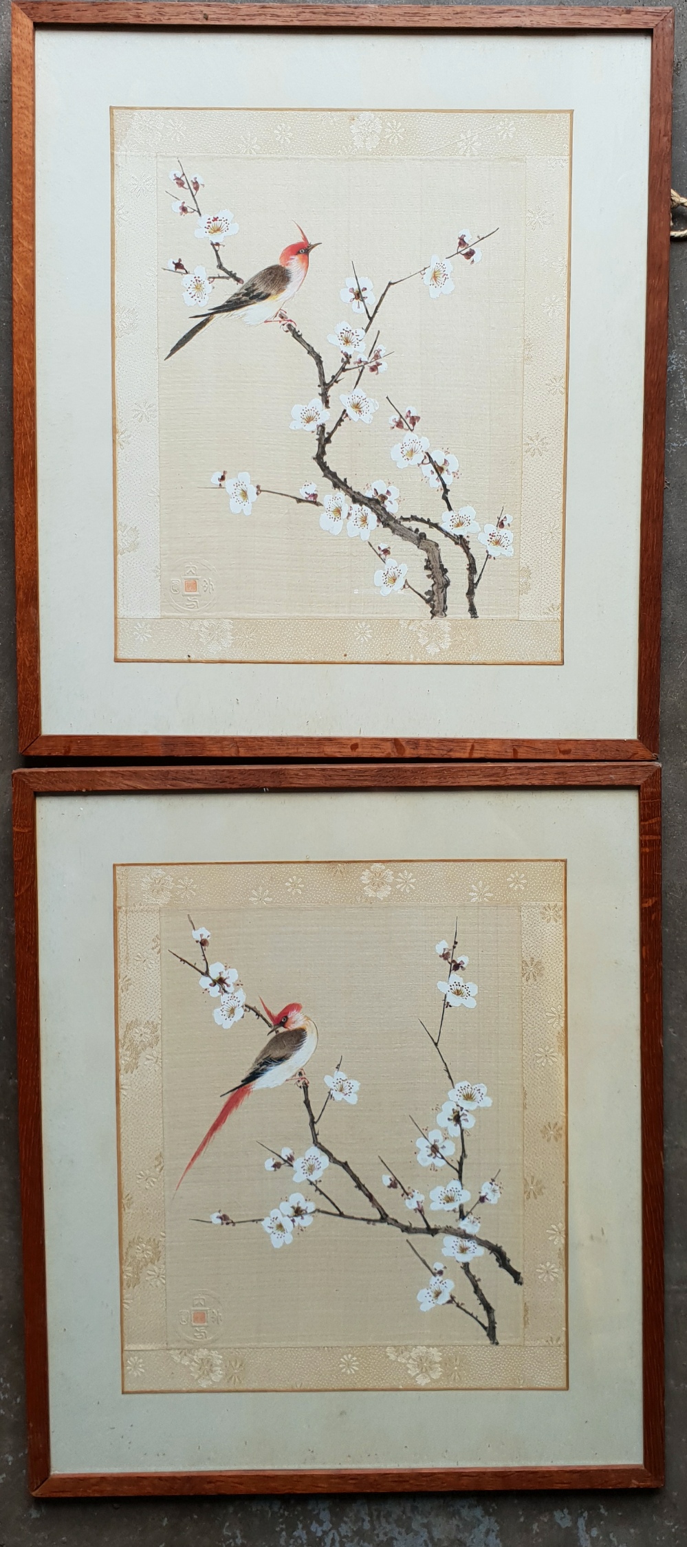 Vintage Retro Art 2 x Framed Japanese Painted Silk Pictures of Birds & Blossom