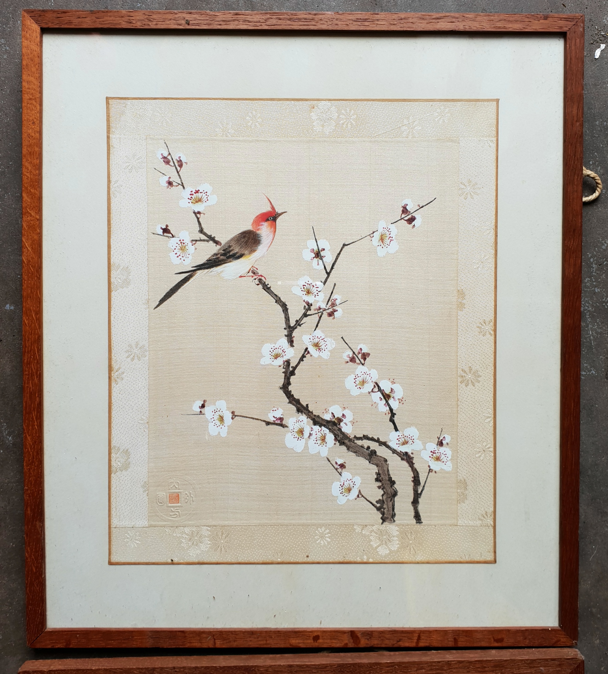 Vintage Retro Art 2 x Framed Japanese Painted Silk Pictures of Birds & Blossom - Image 3 of 4