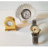 Vintage Retro Parcel of 2 Clocks & a Ingersol Wrist Watch Includes Waterford Crystal Clock