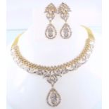 IGI Certified 14 K / 585 Yellow Gold Diamond Necklace with Chandelier Earrings