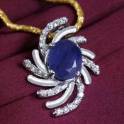 14 K / 585 White Gold Designer Kashmir Sapphire (GRS Certified) & Diamond Pendant Necklace
