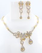 IGI Certified 14 K / 585 Yellow Gold Diamond Necklace with matching Chandelier Earrings