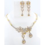 IGI Certified 14 K / 585 Yellow Gold Diamond Necklace with matching Chandelier Earrings