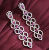 IGI Certified 14 K / 585 White Gold Long Diamond and Ruby Earrings