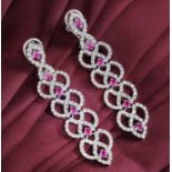 IGI Certified 14 K / 585 White Gold Long Diamond and Ruby Earrings