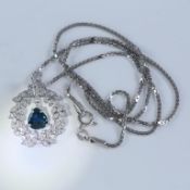 14 K / 585 White Gold Designer Blue Sapphire (GIA Cert.) & Diamond Pendant