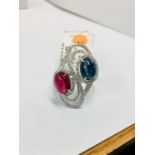 4ct sapphire and ruby dress ring,2ct sapphire ,2ct ruby cabouchon,154 round diamonds,h colour si