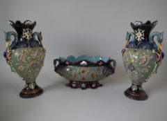 Set of 3 Krause Majolica Heron Handled Vases & Bowl