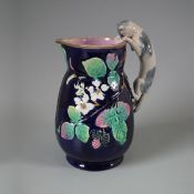 English Majolica cat pitcher/jug with cobalt blue ground