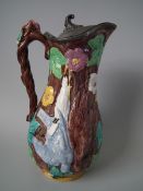 Large Majolica game pitcher with pewter lid