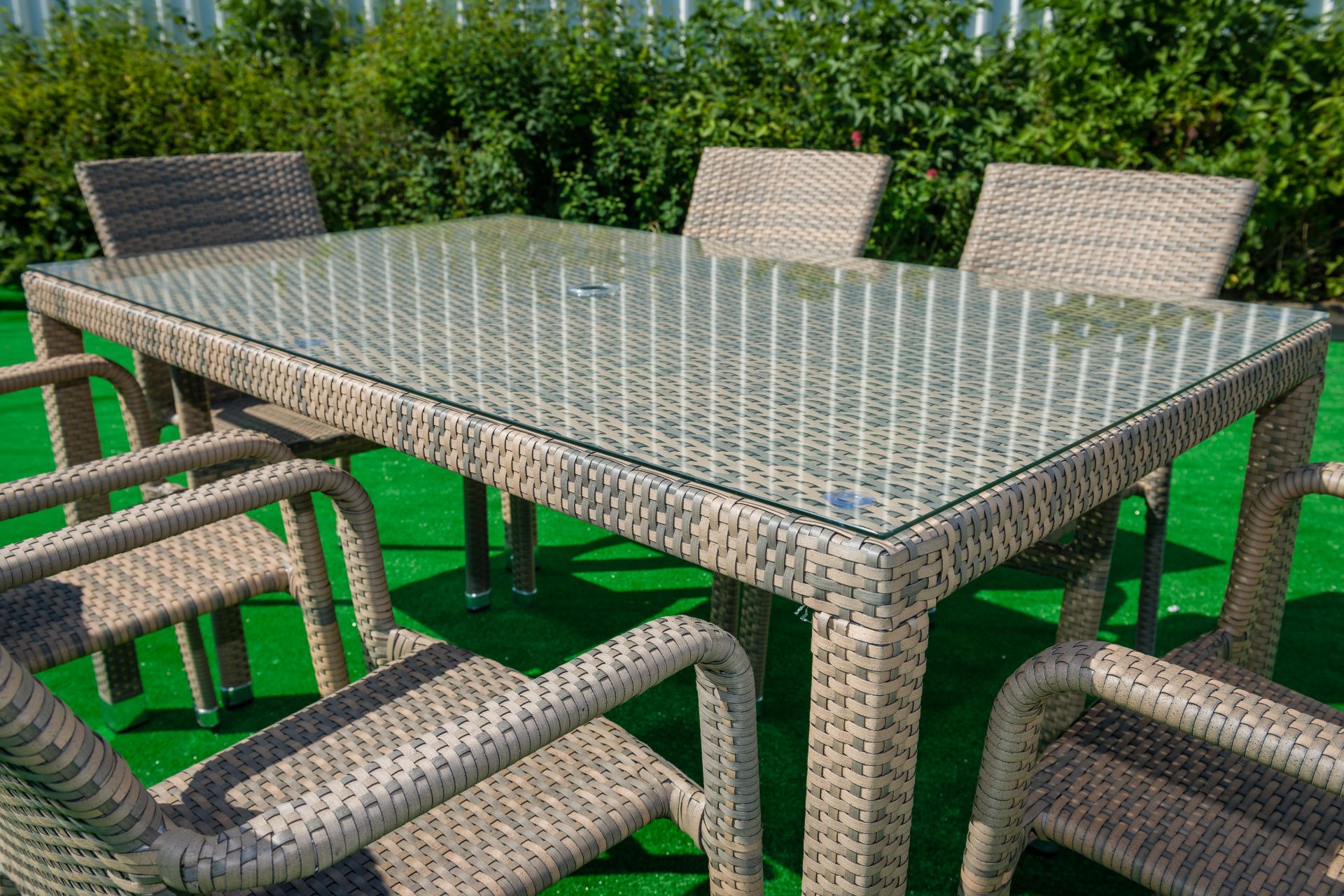 Dela 7 Piece Rattan Dining Set Description. The Dela rattan dining set in taupe consists of 6 - Image 3 of 3
