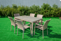 Dela 7 Piece Rattan Dining Set Description. The Dela rattan dining set in taupe consists of 6
