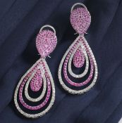 IGI Certified 14 K / 585 White Gold Long Diamond and Ruby Earrings