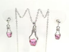 PRETTY SILVER BOTTLE EARRING AND NECKLACE SET PINK SWAROVSKI CRYSTAL