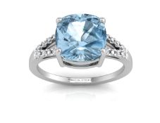 9ct White Gold Cushion Cut Blue Topaz With Diamond Set Shoulders Ring 0.06