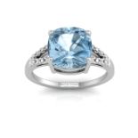 9ct White Gold Cushion Cut Blue Topaz With Diamond Set Shoulders Ring 0.06