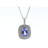 14ct White Gold Oval Tanzanite And Diamond Cluster Pendant 0.28