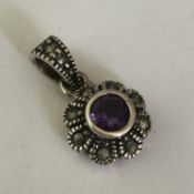 Vintage Solid Sterling 925 Silver Marcasite and Purple Stone Flower - Pretty!