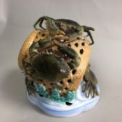 Impressive unusual vintage porcelain crab basket lobster pot figural group