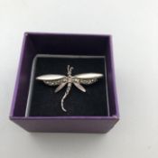 Stunning Silver 925 & Mother of Pearl Dragonfly Brooch with Marcasite in Box