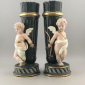 Antique Victorian Ceramic Pair of Green and Gilt Mantle Spill Vases with Cherubs