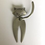 Vintage Signed JJ pewter Long Tailed Articulated Cat Brooch/Pin Body Moves