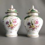 Pair of Continental Porcelain Lidded Spice or Temple Jar Urns - Blue Crown Mark
