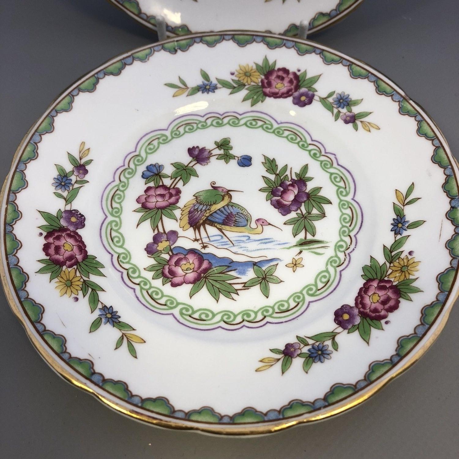 PAIR Vintage Grosvenor porcelain small side Plates NANSING green exotic birds - Image 2 of 3