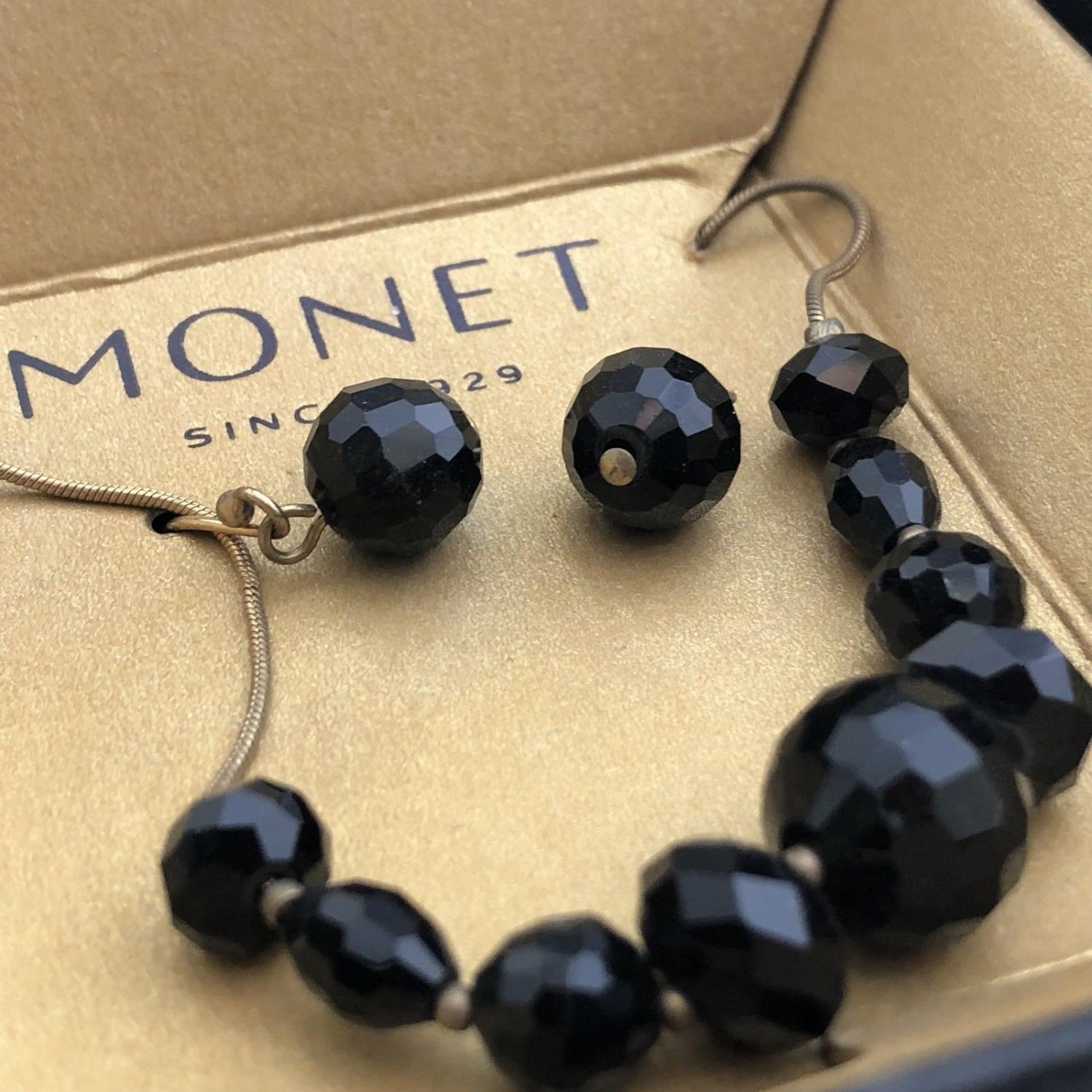 Monet Gold Tone and Black Glass Necklace Earrings Set in original box, Vintage - Image 2 of 4