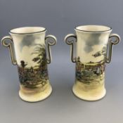 Vintage Pair of Royal Doulton Two Handled Vases with Rustic Scenic Designs 1930s