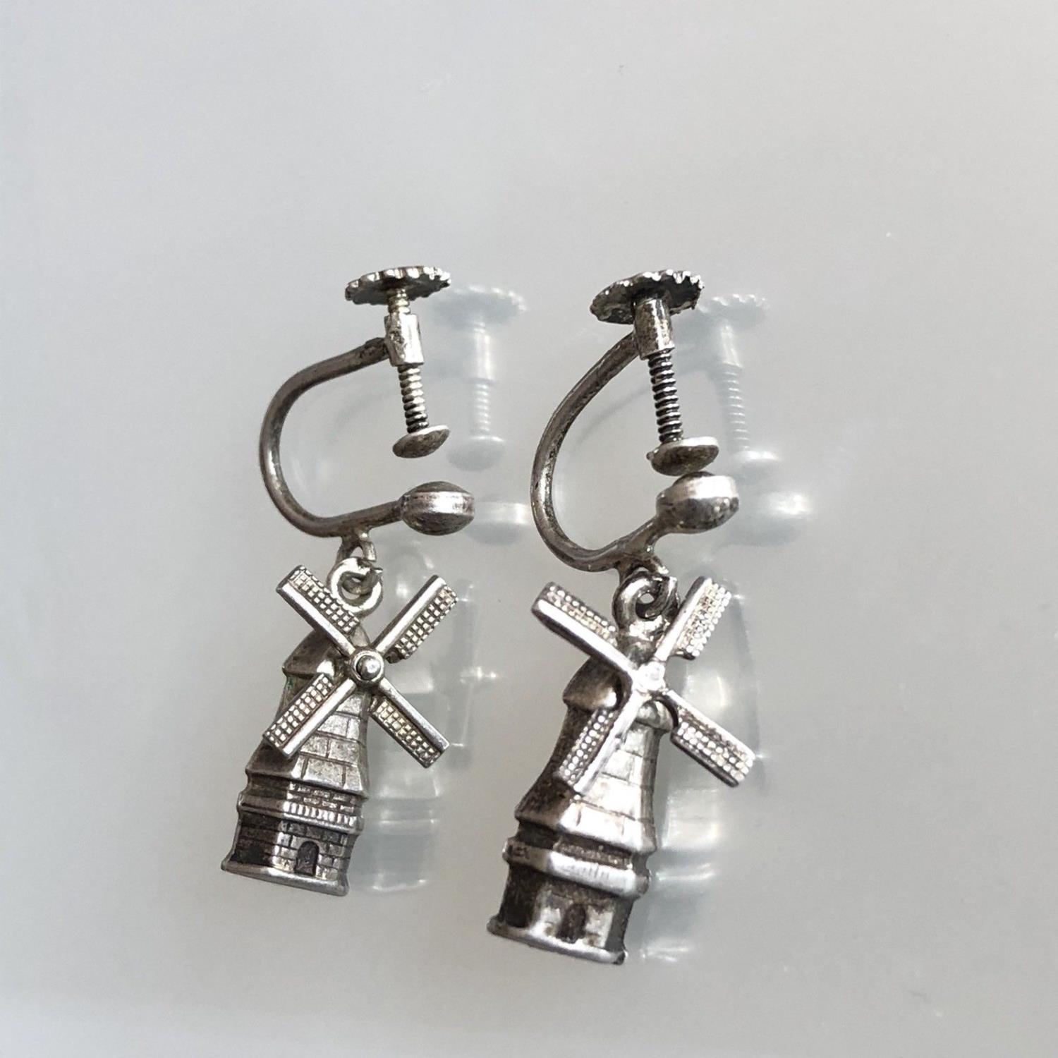 Dutch Silver quirky vintage 830 Earrings - Movable Windmills - Non-Piercedæ