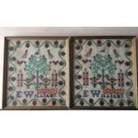 PAIR OF Antique 19th Century Cross Stitch Samplers by E Williams - Framed Glazed