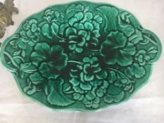 Antique Hope & Carter Green Geranium Leaf Majolica Handled Platter/Plate Dish