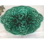 Antique Hope & Carter Green Geranium Leaf Majolica Handled Platter/Plate Dish