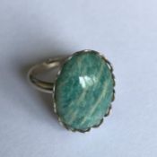 Vintage Silver adjustable ring set with Natural Banded green cabochon stone