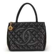 Black Quilted Caviar Leather Vintage Medallion Tote