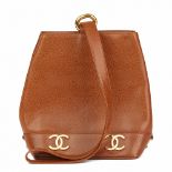 Brown Caviar Leather Vintage Logo Trim Bucket Bag