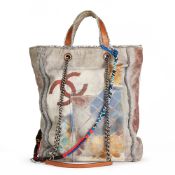 Chanel Grey Painted Canvas Graffiti Tote
