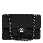 Chanel Black Quilted Jersey Fabric Vintage Medium Double Sided Classic Flap Bag