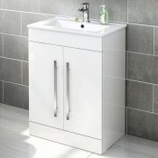 (O105) 600mm Avon High Gloss White Basin Cabinet - Floor Standing. RRP £499.99. COMES COMPLETE