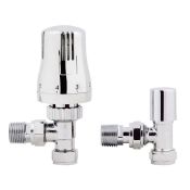 (Q76) 15mm Standard Connection Thermostatic Angled Chrome Radiator Valves Chrome Plated Solid