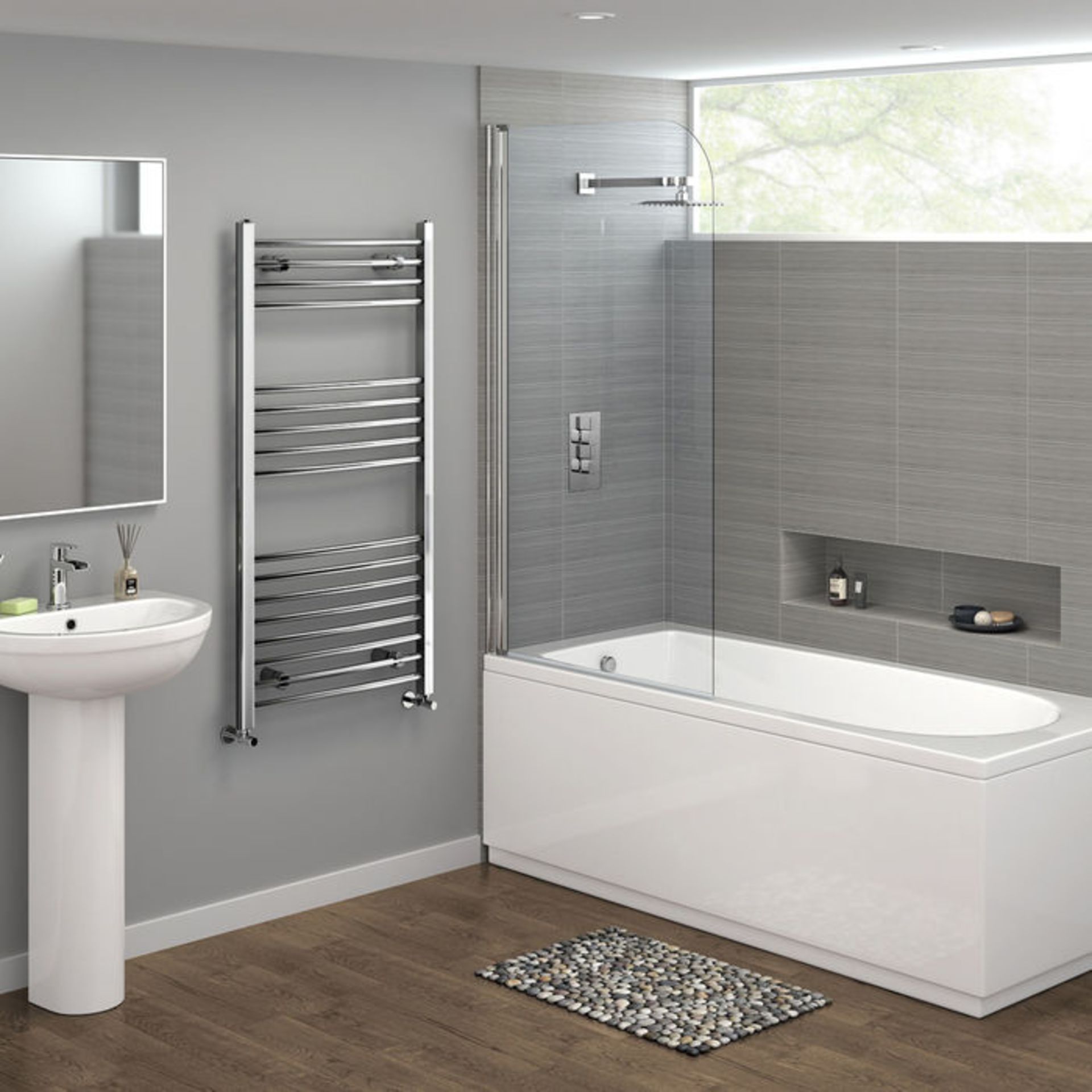(T85) 1200x600mm - 20mm Tubes - Chrome Curved Rail Ladder Towel Radiator.Made from chrome plated low - Image 2 of 2