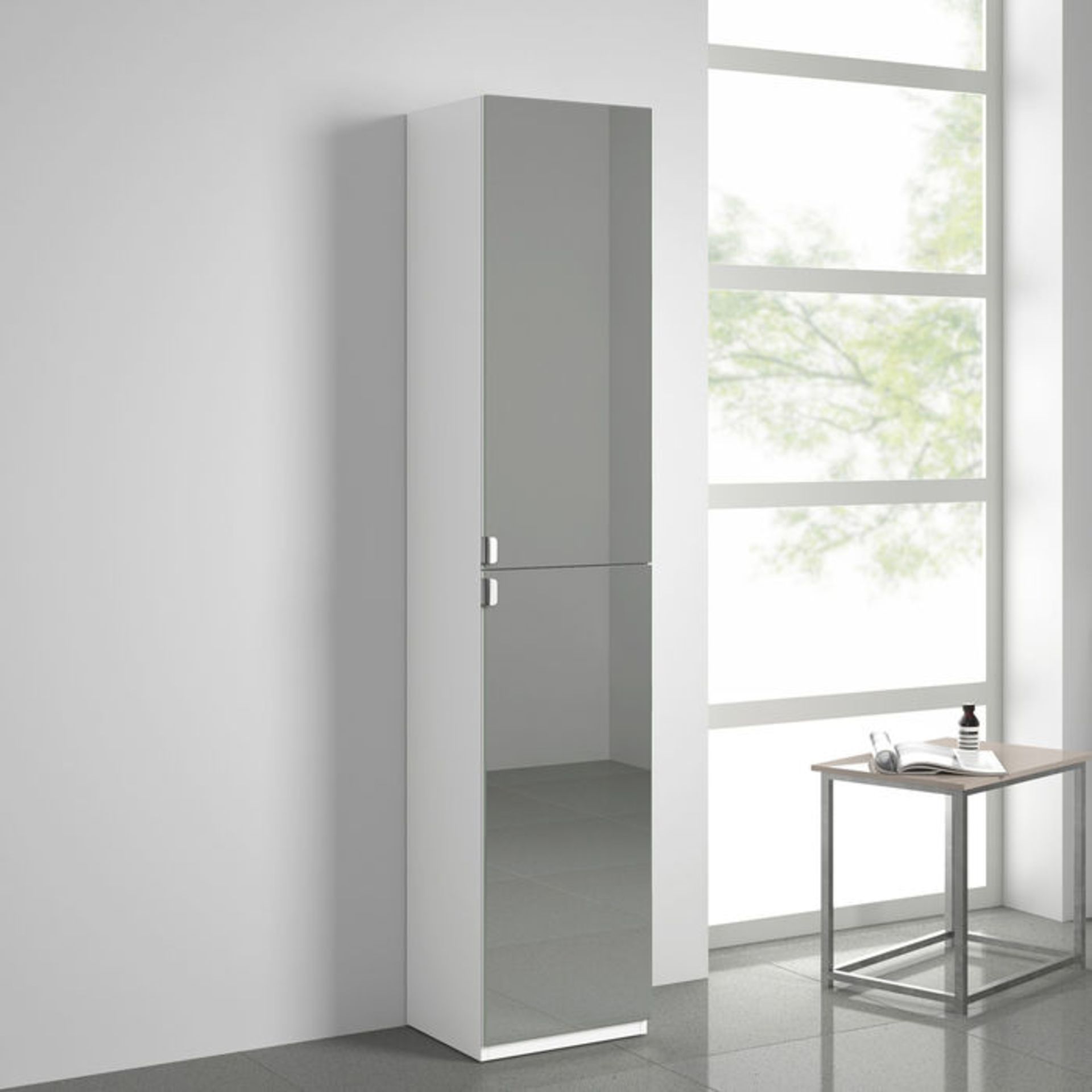 (Q33) 1700x350mm Mirrored Door Matte White Tall Storage Cabinet - Floor Standing. RRP £349.99. Enjoy - Image 2 of 4