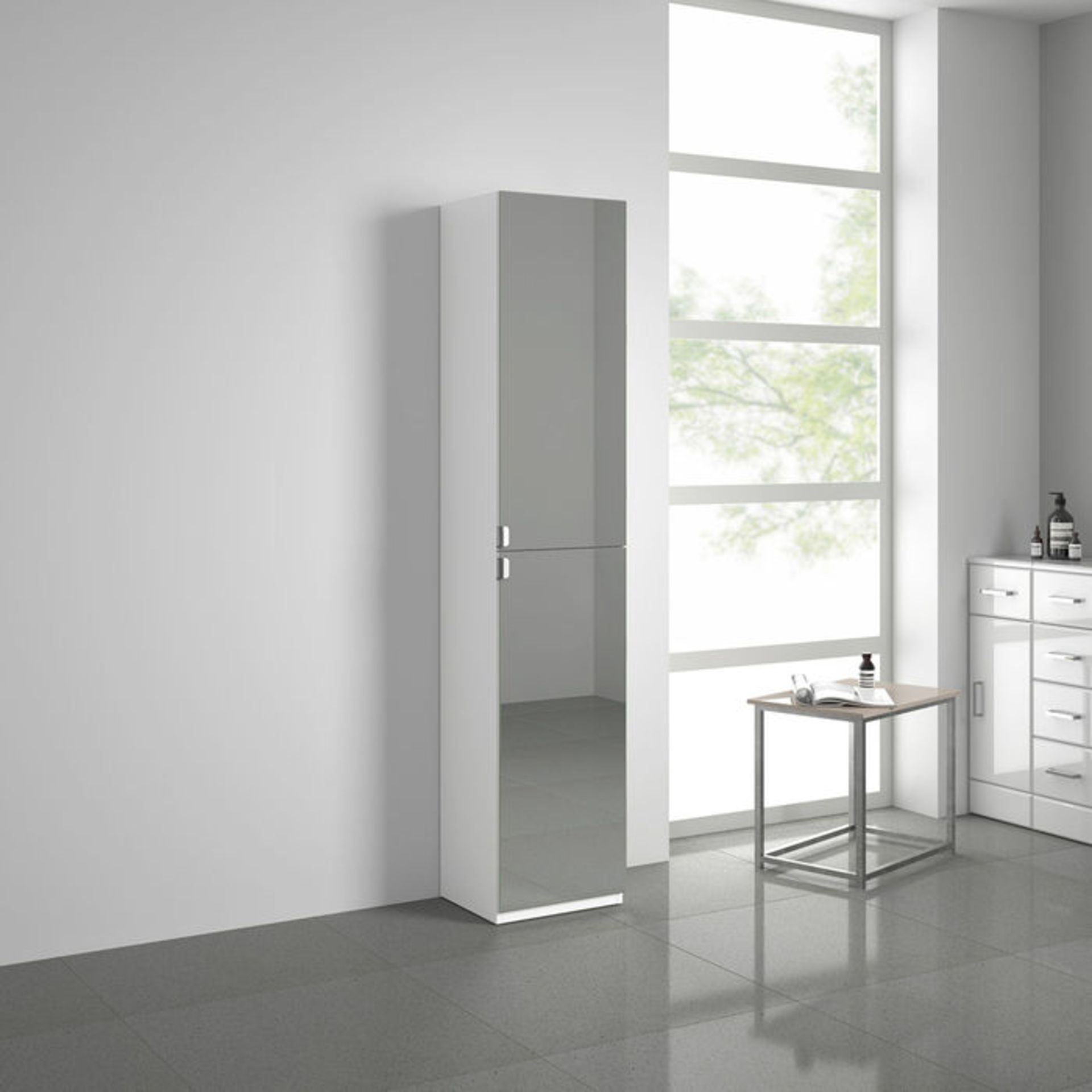 (Q33) 1700x350mm Mirrored Door Matte White Tall Storage Cabinet - Floor Standing. RRP £349.99. Enjoy - Image 3 of 4