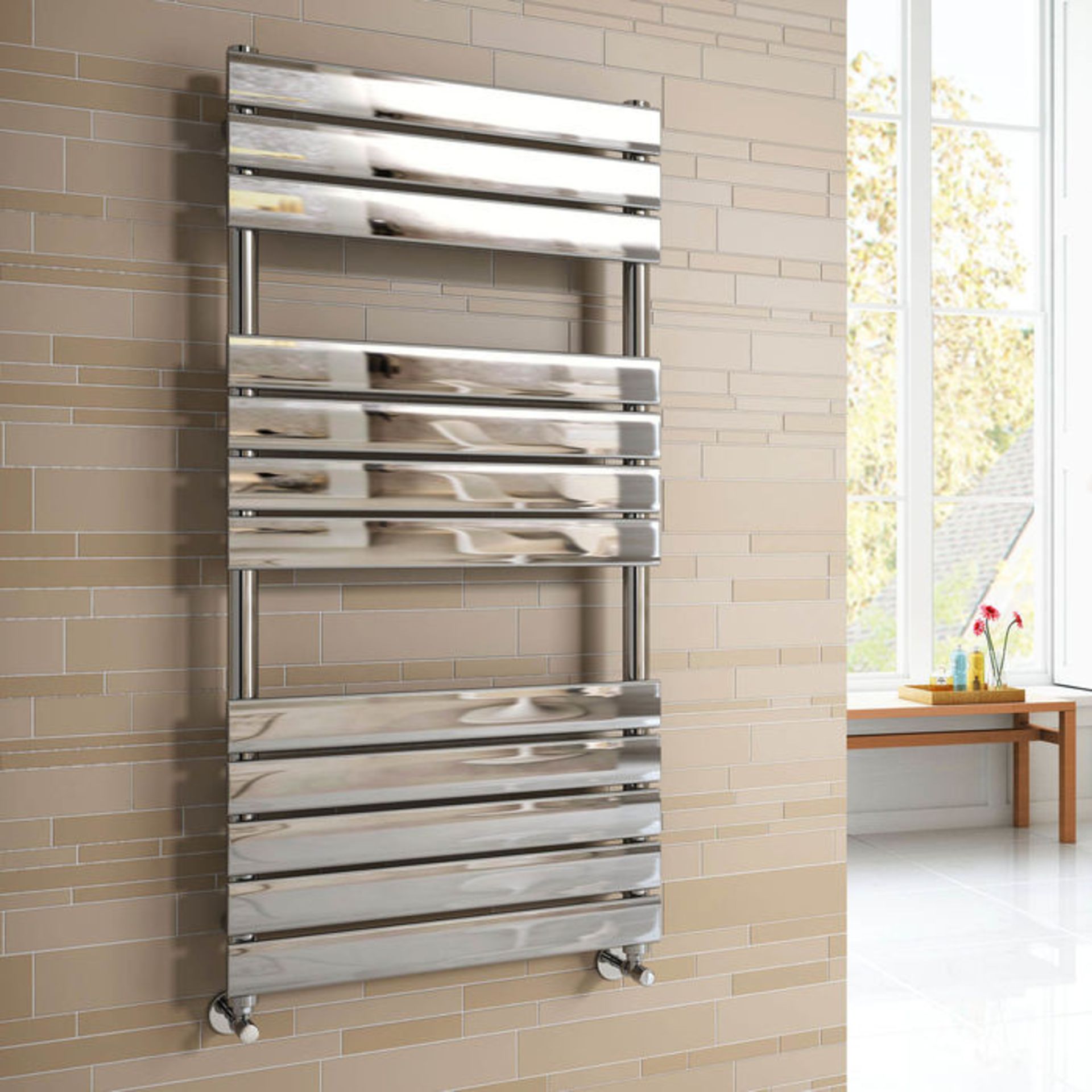 (GR41) 1200x600mm Chrome Flat Panel Ladder Towel Radiator RRP £374.99 Made from low carbon steel