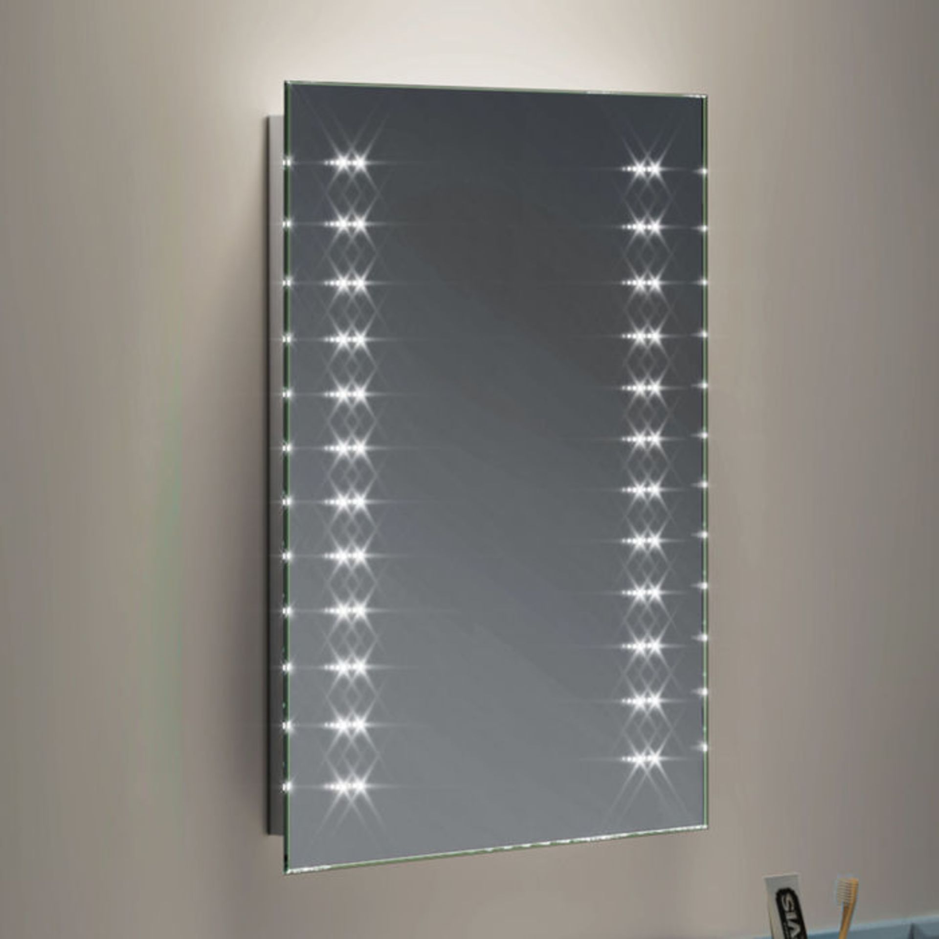 (GR111) 390x500mm Galactic LED Mirror - Battery Operated. Energy saving controlled On / Off switch