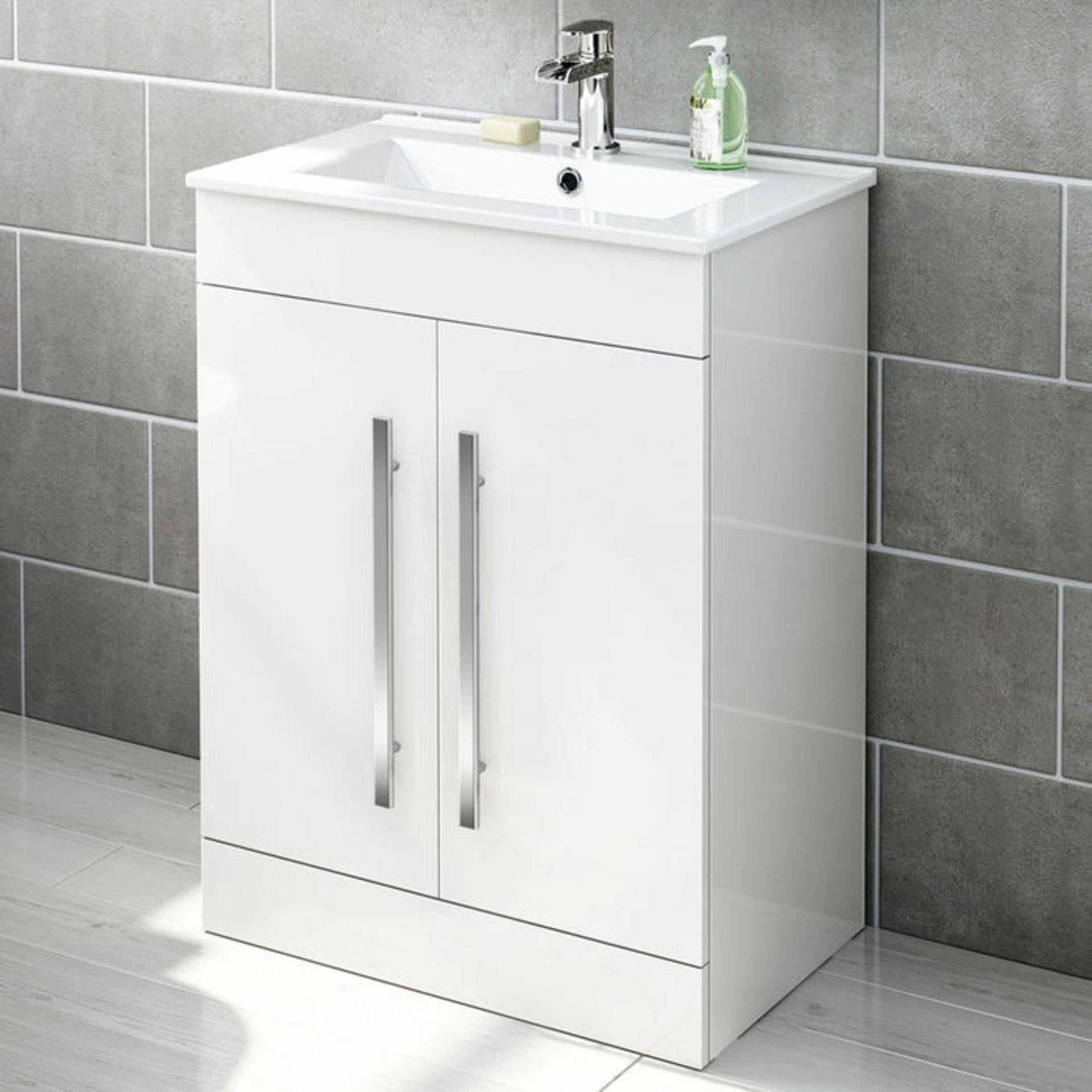 (GR52) 600mm Avon High Gloss White Basin Cabinet - Floor Standing RRP £499.99. Comes complete with