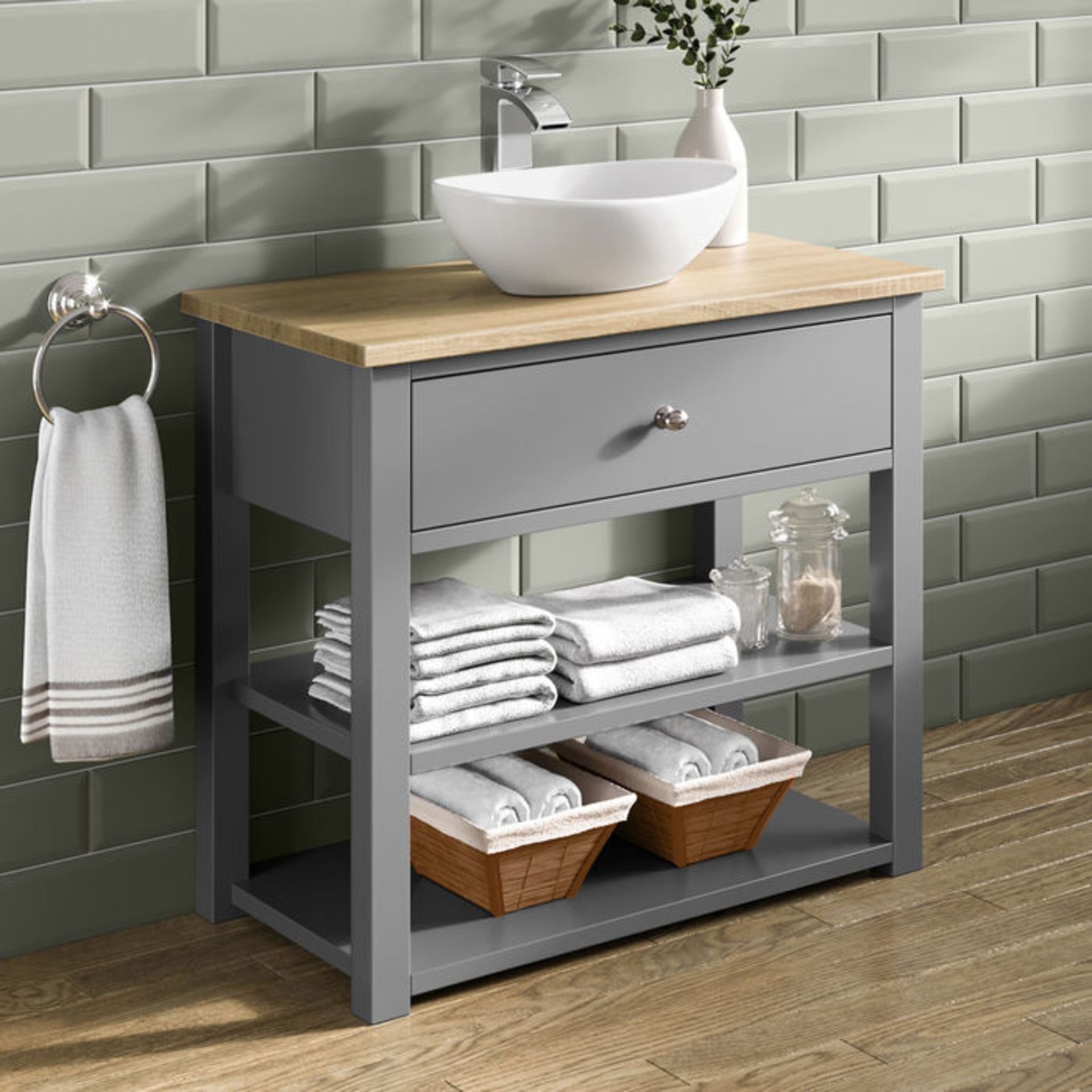 (GR54) Sutton Countertop Vanity Unit and Camila Basin. Stunning exquisite matte grey finish Drawer