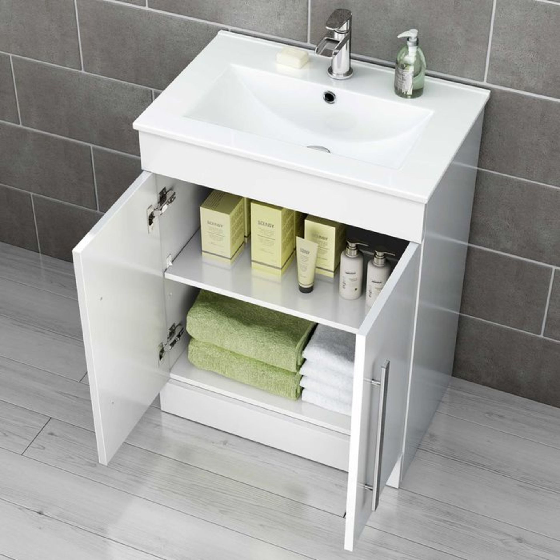 (GR52) 600mm Avon High Gloss White Basin Cabinet - Floor Standing RRP £499.99. Comes complete with - Image 2 of 3