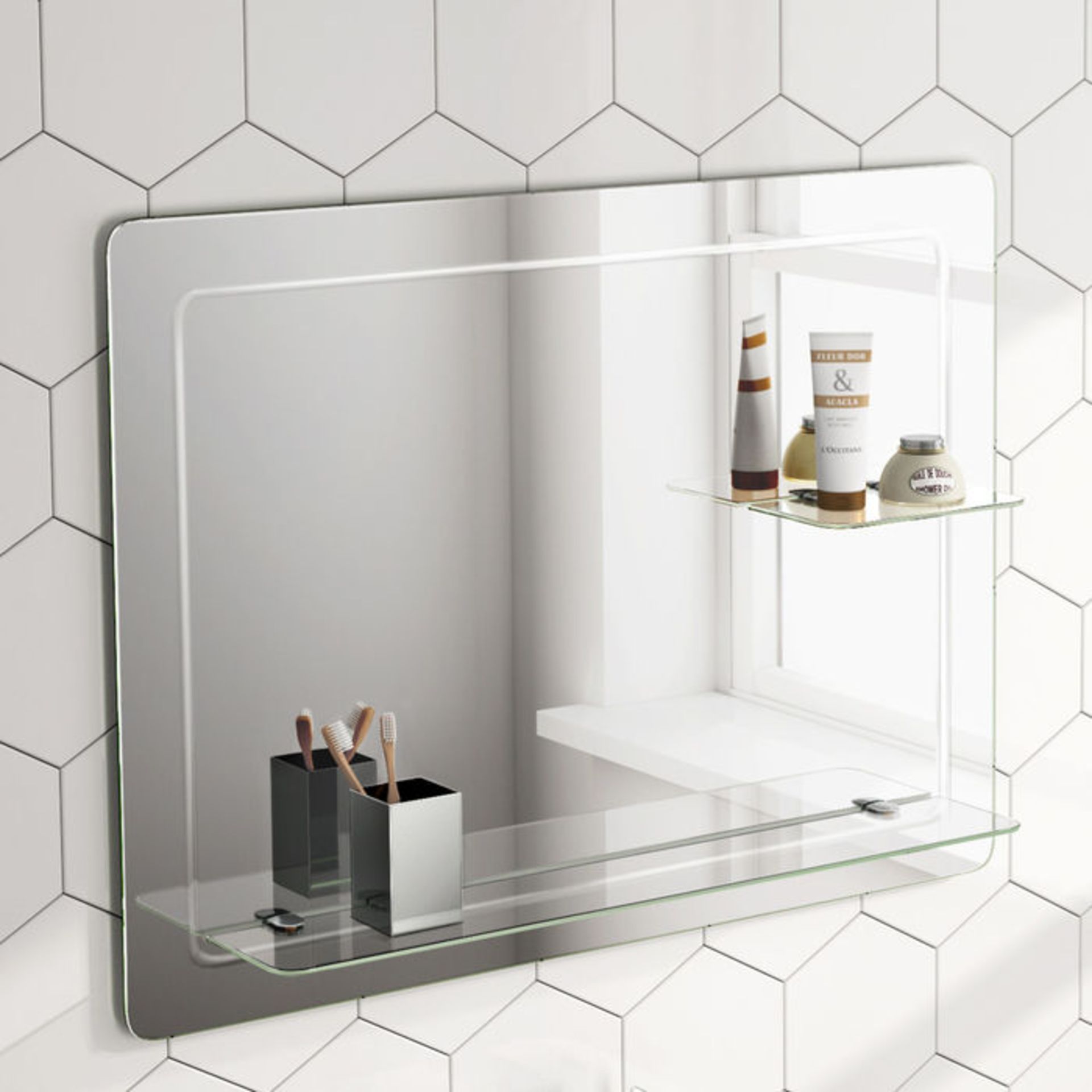 (ZA182) 800x600mm Loxely Mirror & Shelf. Smooth beveled edge for additional safety and style Two